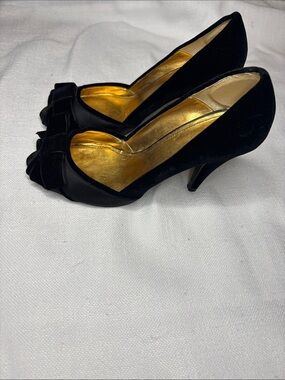 Zara Black Peep-Toe Heels with Gold Insole and Bow
